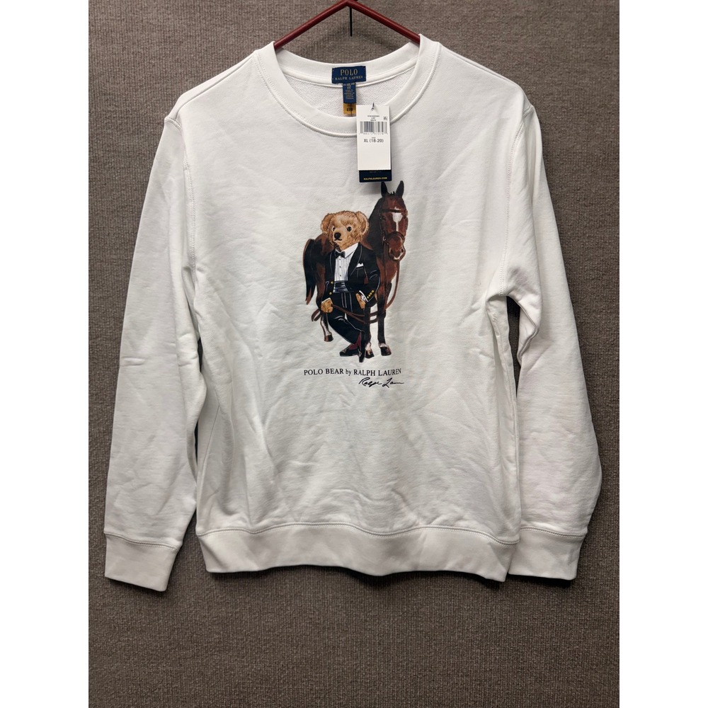 Polo Ralph Lauren Kids Polo Bear Horse Crewneck Sweatshirt White XL 18-20 NWT